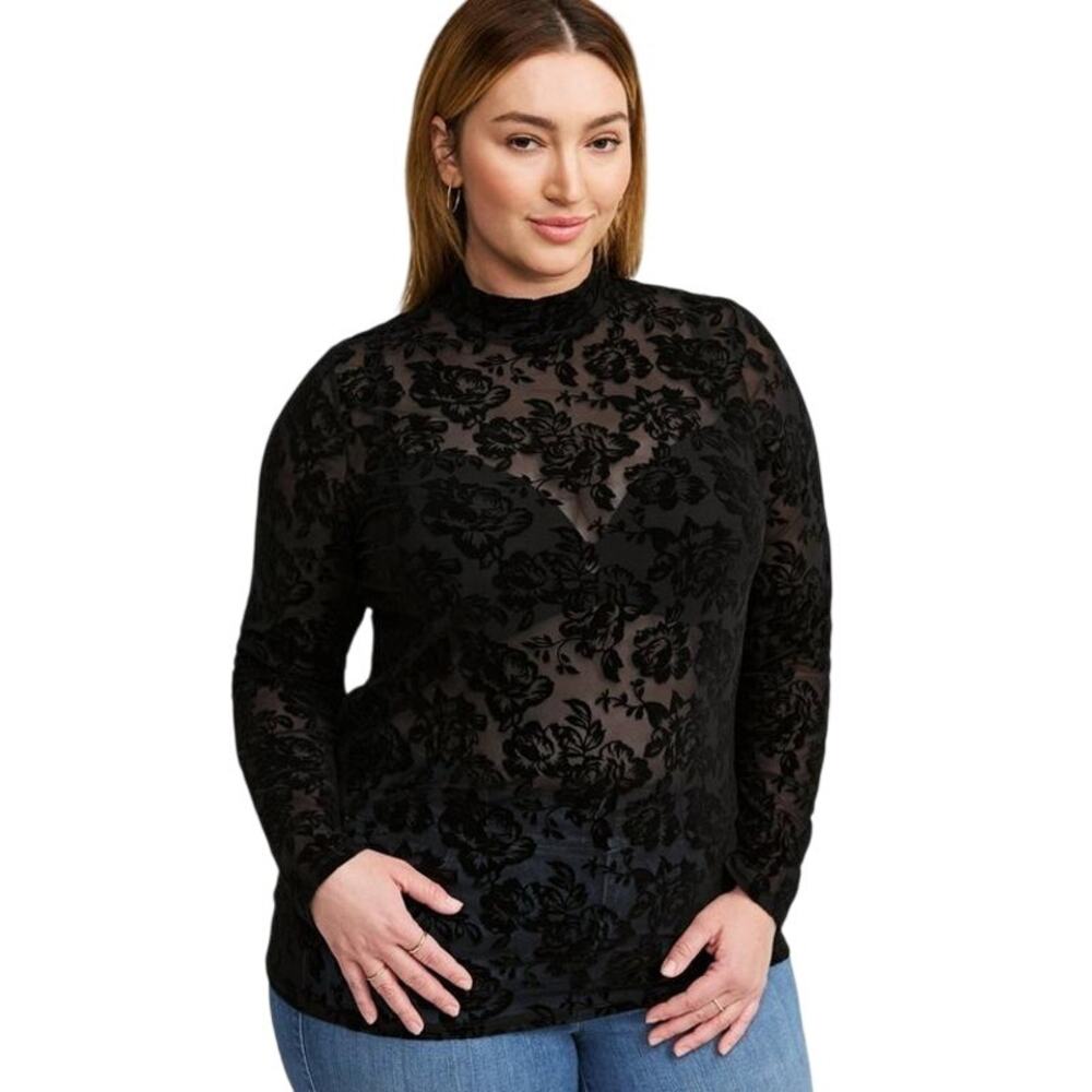 Torrid Size 2 NWOT Black Flocked Floral Mesh Mock Neck Sheer Long Sleeve Top